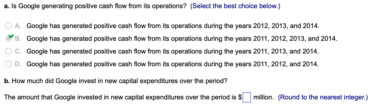 the best choice below.) A. Google has generated positive cash flow from