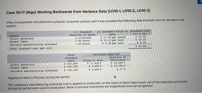  Case 10-17 (Algo) Working Backwards from Variance Data [LO10-1, LO10-2, LO10-3]