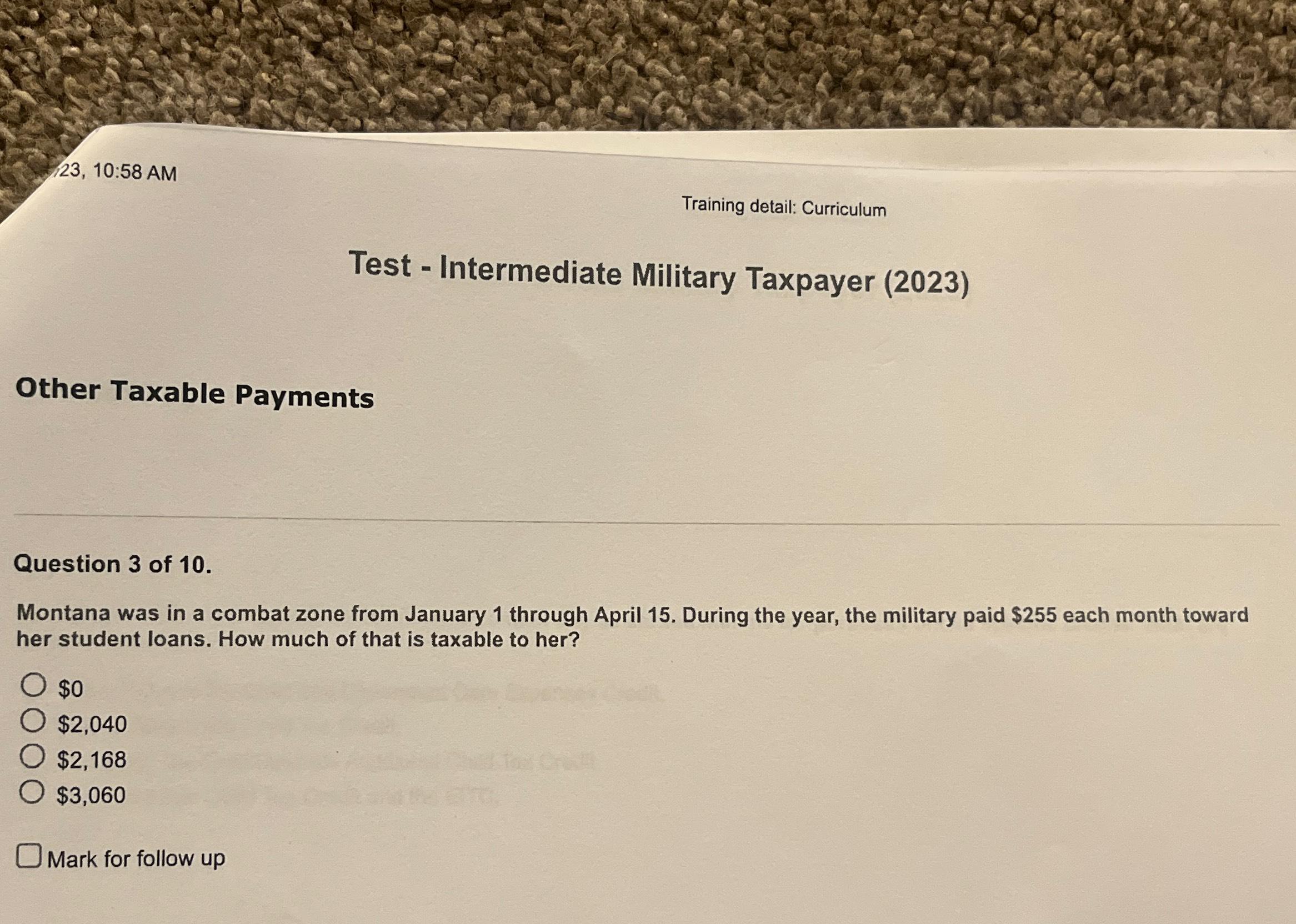  23,10:58AM Training detail: Curriculum Test - Intermediate Military Taxpayer (2023) Other