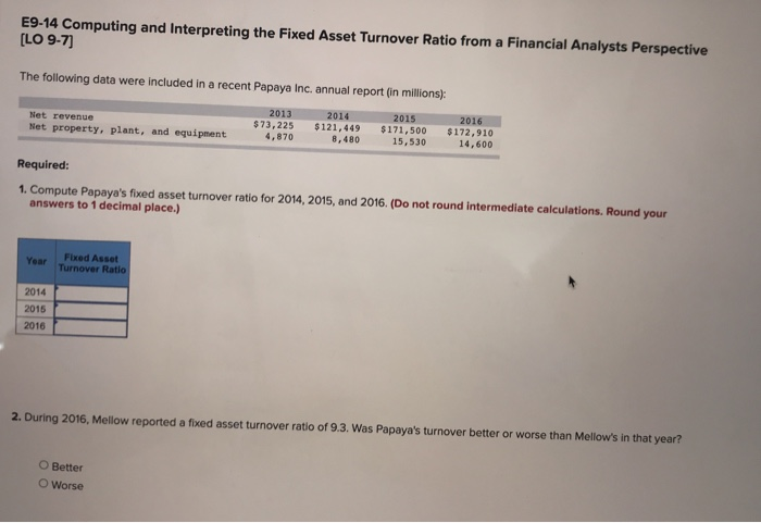  E9-14 Computing and Interpreting the Fixed Asset Turnover Ratio from a