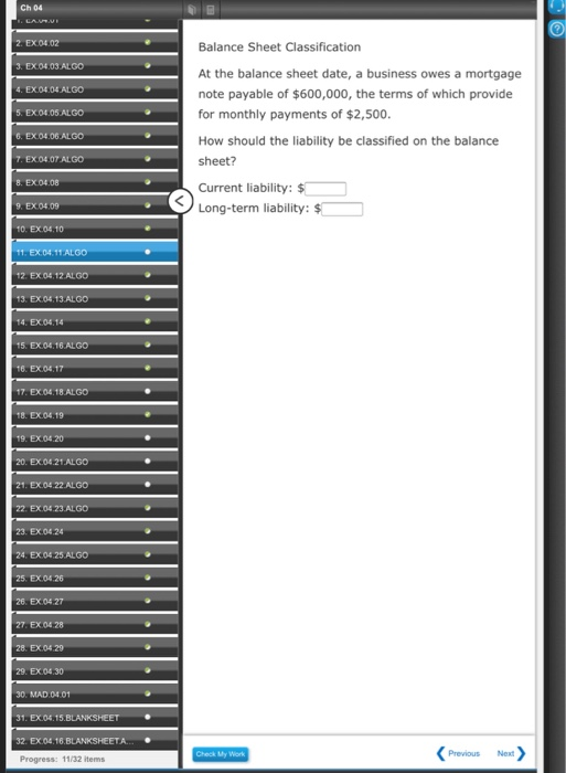  Ch 04 1. LAMI 2. EX 0402 Balance Sheet Classification 3.