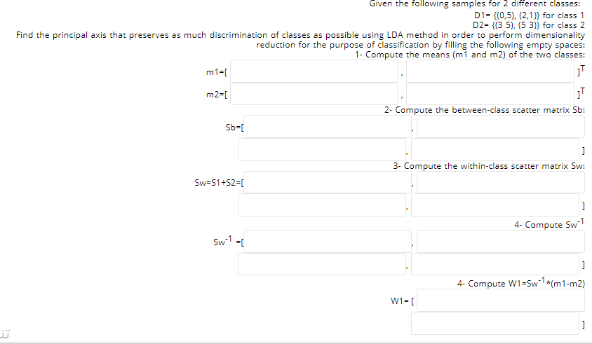 Given the following samples for 2 different classes: D1= {(0,5), (2,1)}