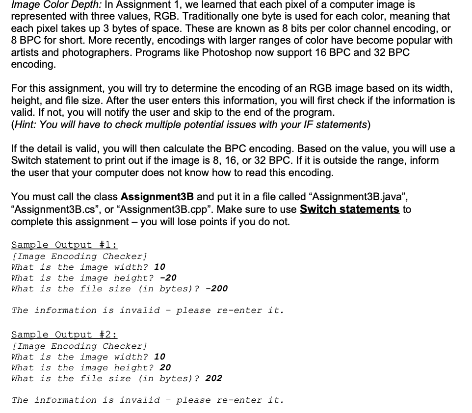 IN JAVA ONLY. With Screenshot PLEASE Image Color Depth: In Assignment 1,