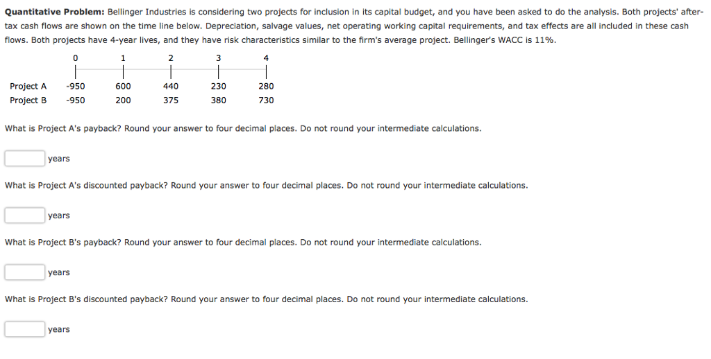  Bellinger Industries is considering two projects for inclusion in its capital