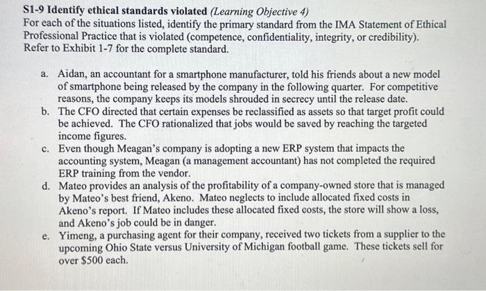  S1-9 Identify ethical standards violated (Learning Objective 4) For each of