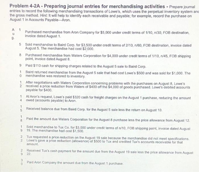Preparing Journal Entries Merchandise Activities. Problem 4-2A - Preparing journal entries for