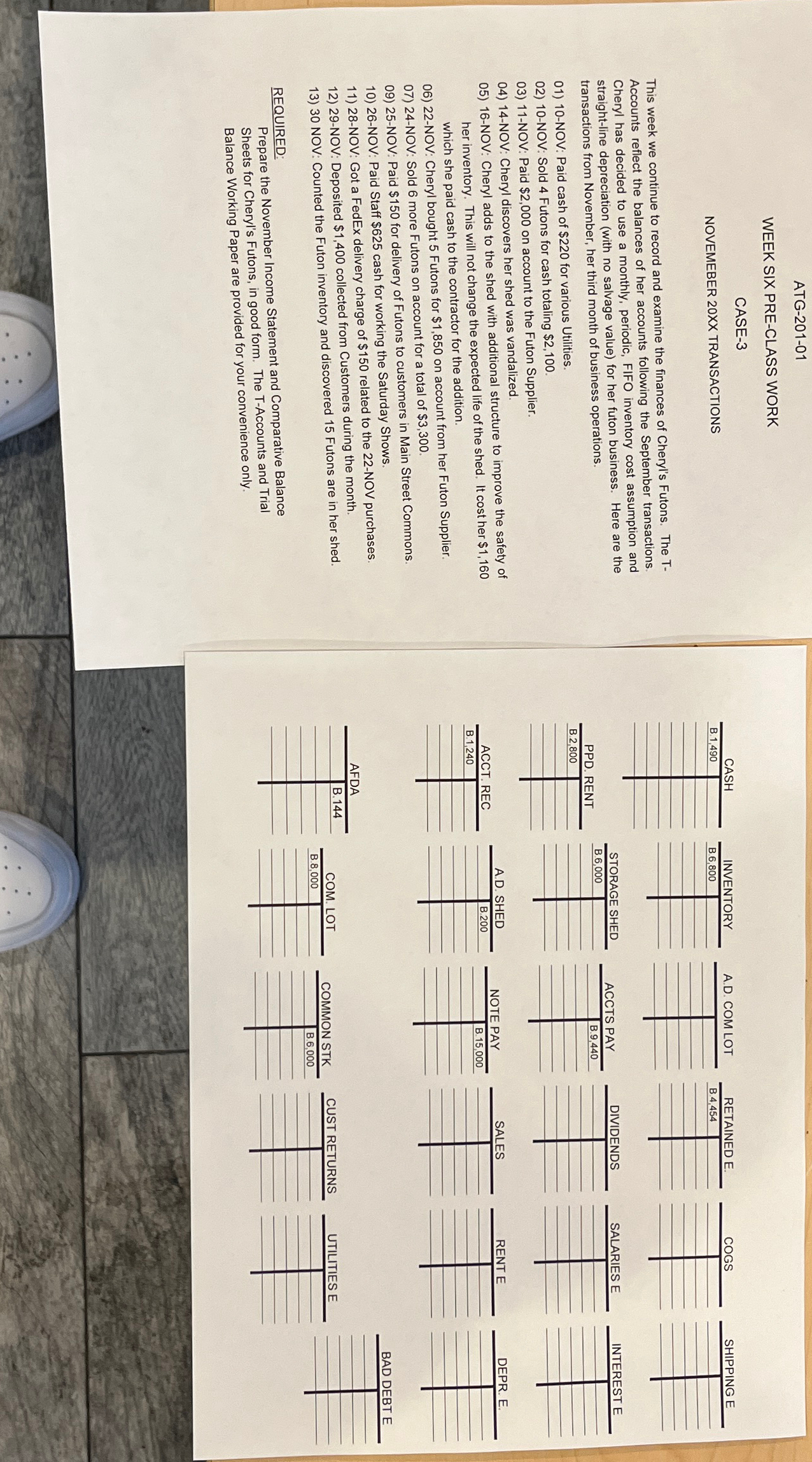  ATG-201-01 WEEK SIX PRE-CLASS WORK CASE-3 NOVEMEBER 2OXX TRANSACTIONS This week
