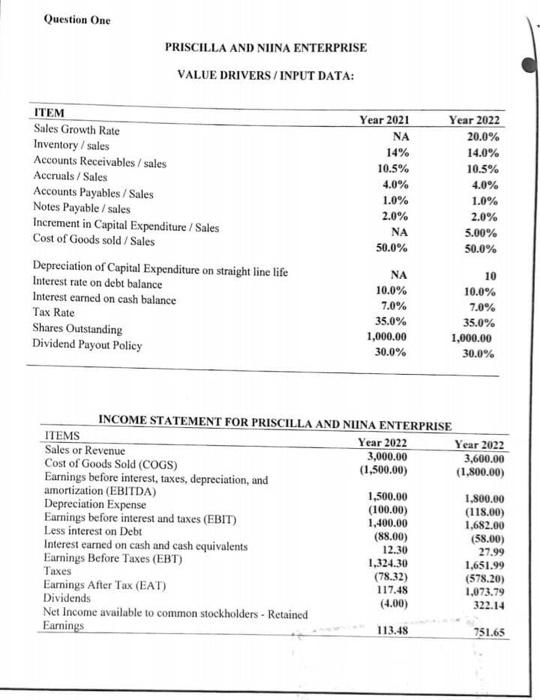  PRISCILLA AND NIINA ENTERPRISE VALUE DRIVERS / INPUT DATA: Requirement: Use
