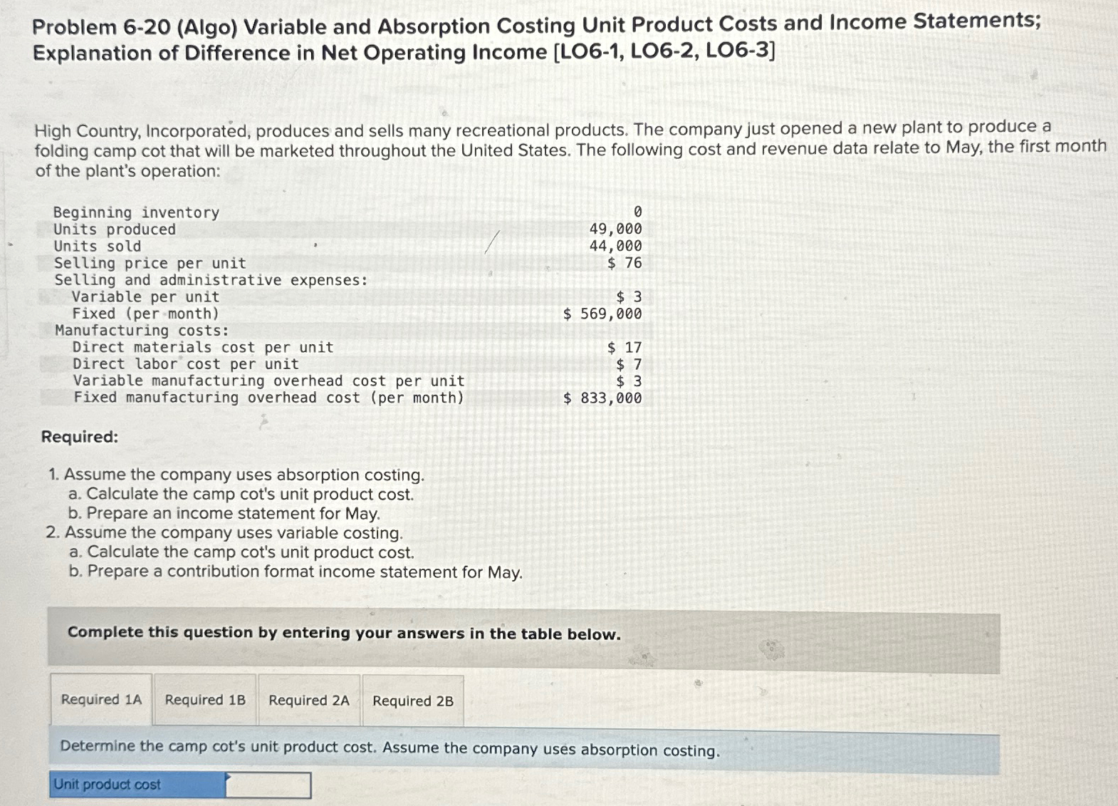  Problem 6-20(Algo) Variable and Absorption Costing Unit Product Costs and Income