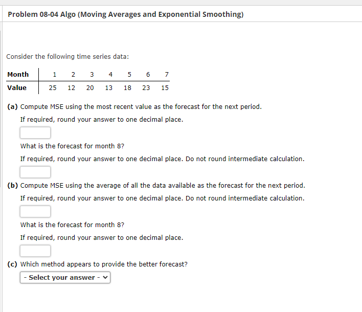 Consider the following time series data: (a) Compute MSE using the