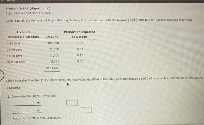  Problem 5-84A (Algorithmic) Aging Method Bad Debt Expense Cindy Bagnal, the