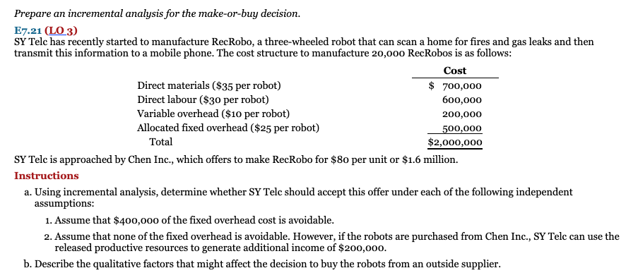  Prepare an incremental analysis for the make-or-buy decision. E7.21 (LO3) S