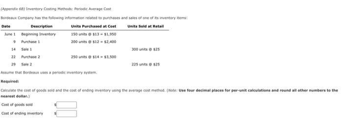  (Appendix 68) Inventory Costing Methods: Periodic Average Cost Bordeaux, Company has