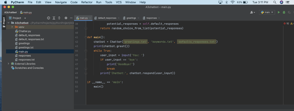 starts, a randomly chosen greeting from the computer should be printed. Then,
