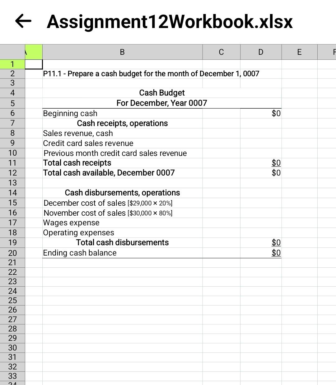  Complete problem P11.1 The following worksheet should help you with this