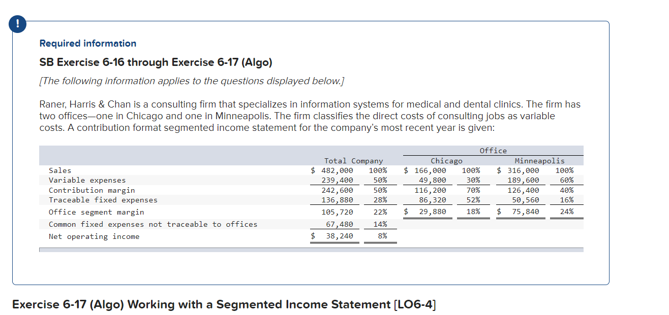  Exercise 6-17 (Algo) Working with a Segmented Income Statement (LO6-4] Assume
