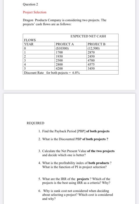  Question 2 Project Selection Dragon Products Company is considering two projects.