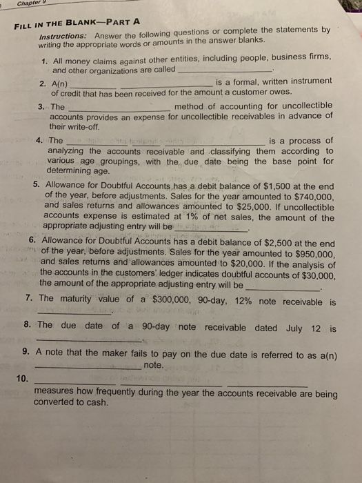  Chapter y FILL IN THE BLANK-PART A Instructions: Answer the following