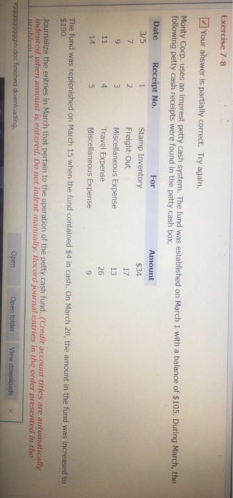  Exercise 7-8 Your answer is partially correct. Try again. tolowyno ety