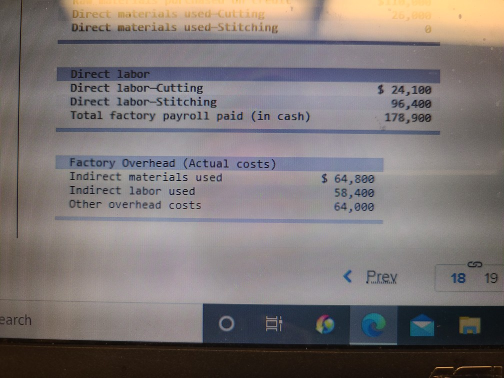 materials purchased on credit Direct materials used-Cutting Direct materials used-Stitching $110,000 26,000