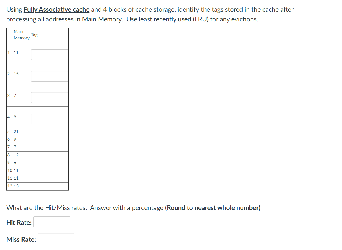  Using Fully Associative cache and 4 blocks of cache storage, identify