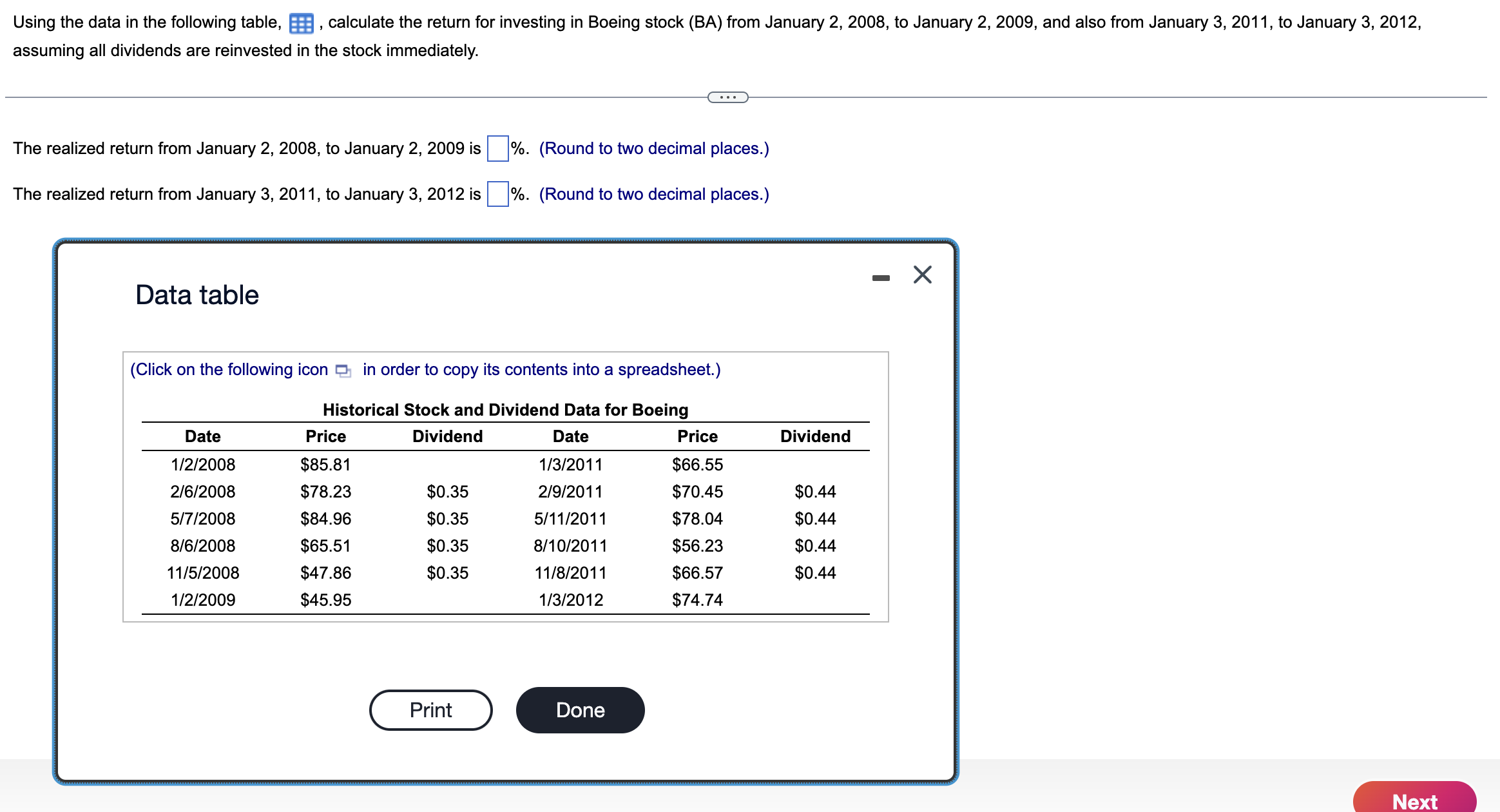  Using the data in the following table, , calculate the return