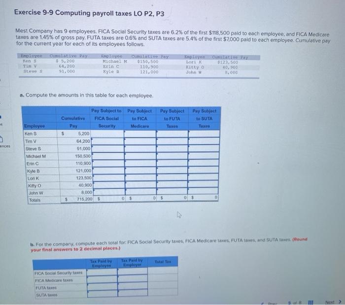 any help? Exercise 9-9 Computing payroll taxes LO P2, P3 Mest Company