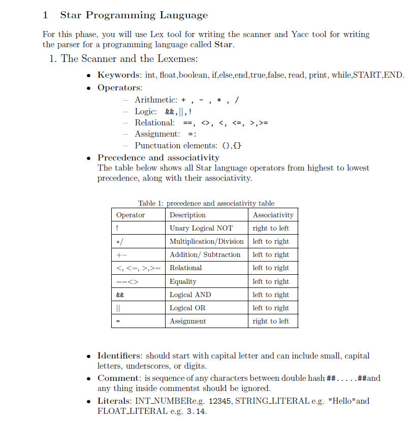  1 Star Programming Language For this phase, you will use Lex