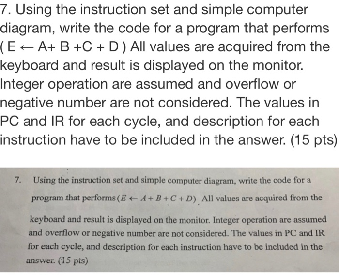  7. Using the instruction set and simple computer diagram, write the
