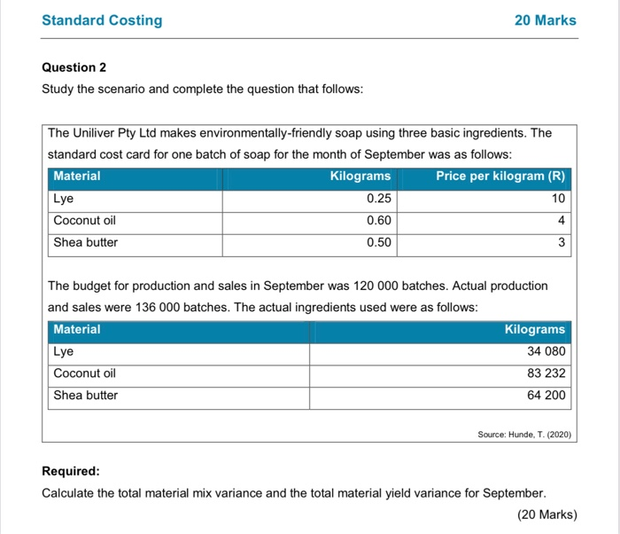  Standard Costing 20 Marks Question 2 Study the scenario and complete