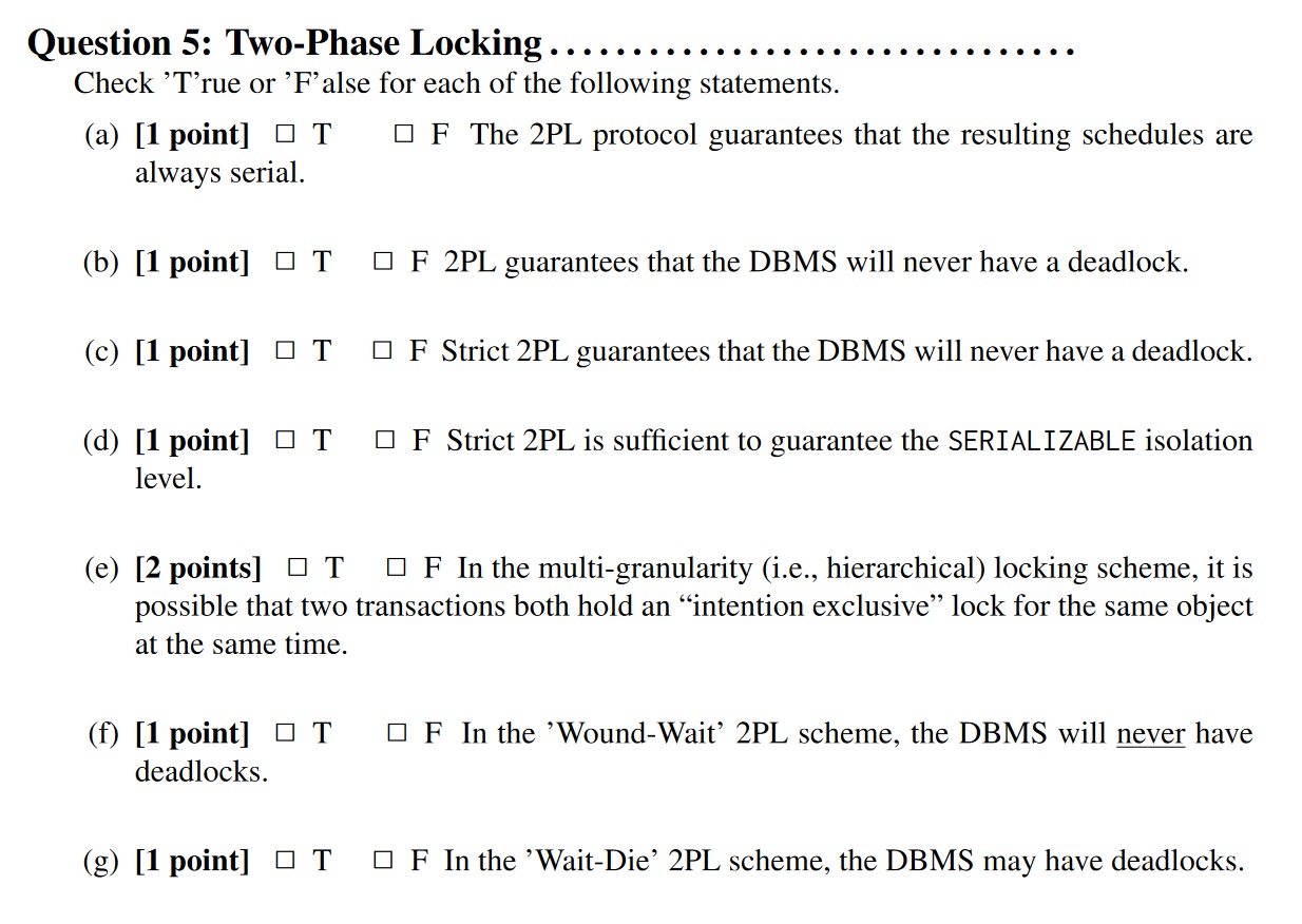 Question 5: Two-Phase Locking . . . . . . . .