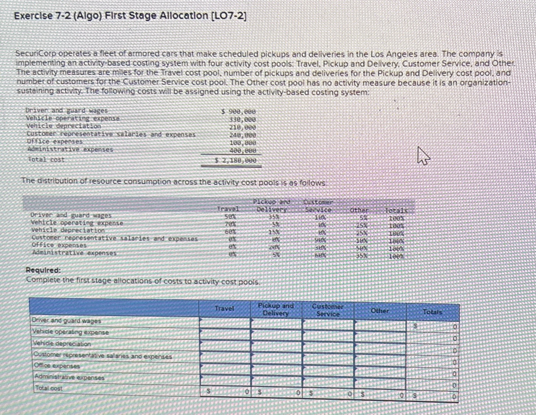  Exercise 7-2(Algo) First Stage Allocation [LO7-2] Securicorp operates a tleet of