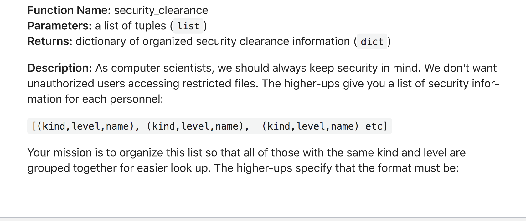 python language Function Name: security_clearance Parameters: a list of tuples ( list