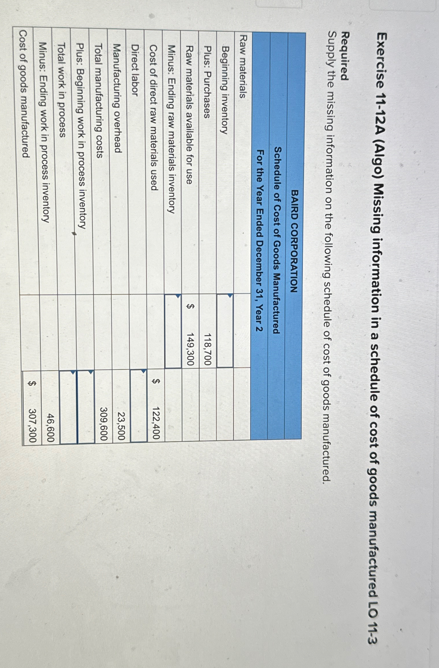  Exercise 11-12A (Algo) Missing information in a schedule of cost of