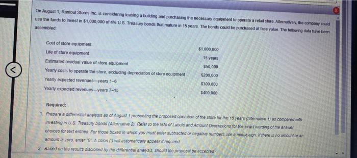  On August 1, Rantoul Stores Inc is considering leasing a building