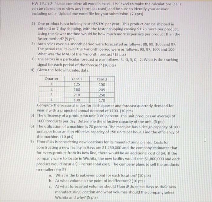  HW 1 Part 2-Please complete all work in excel. Use excel