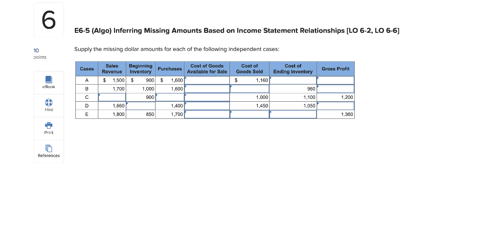  6 E6-5 (Algo) Inferring Missing Amounts Based on Income Statement Relationships