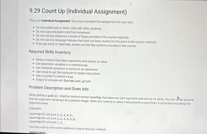 9.29 Count Up (Individual Assignment) This is an Individual Assignment. You