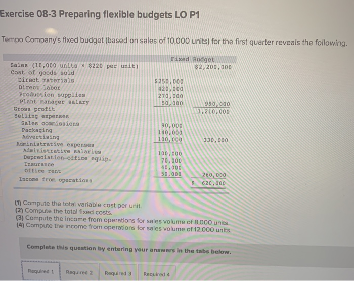  Exercise 08-3 Preparing flexible budgets LO P1 Tempo Company's fixed budget