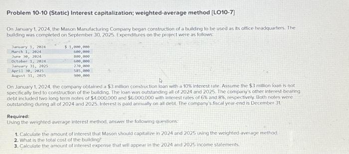  Problem 10-10 (Static) Interest capitalization; weighted-average method [LO10-7] On January 1.