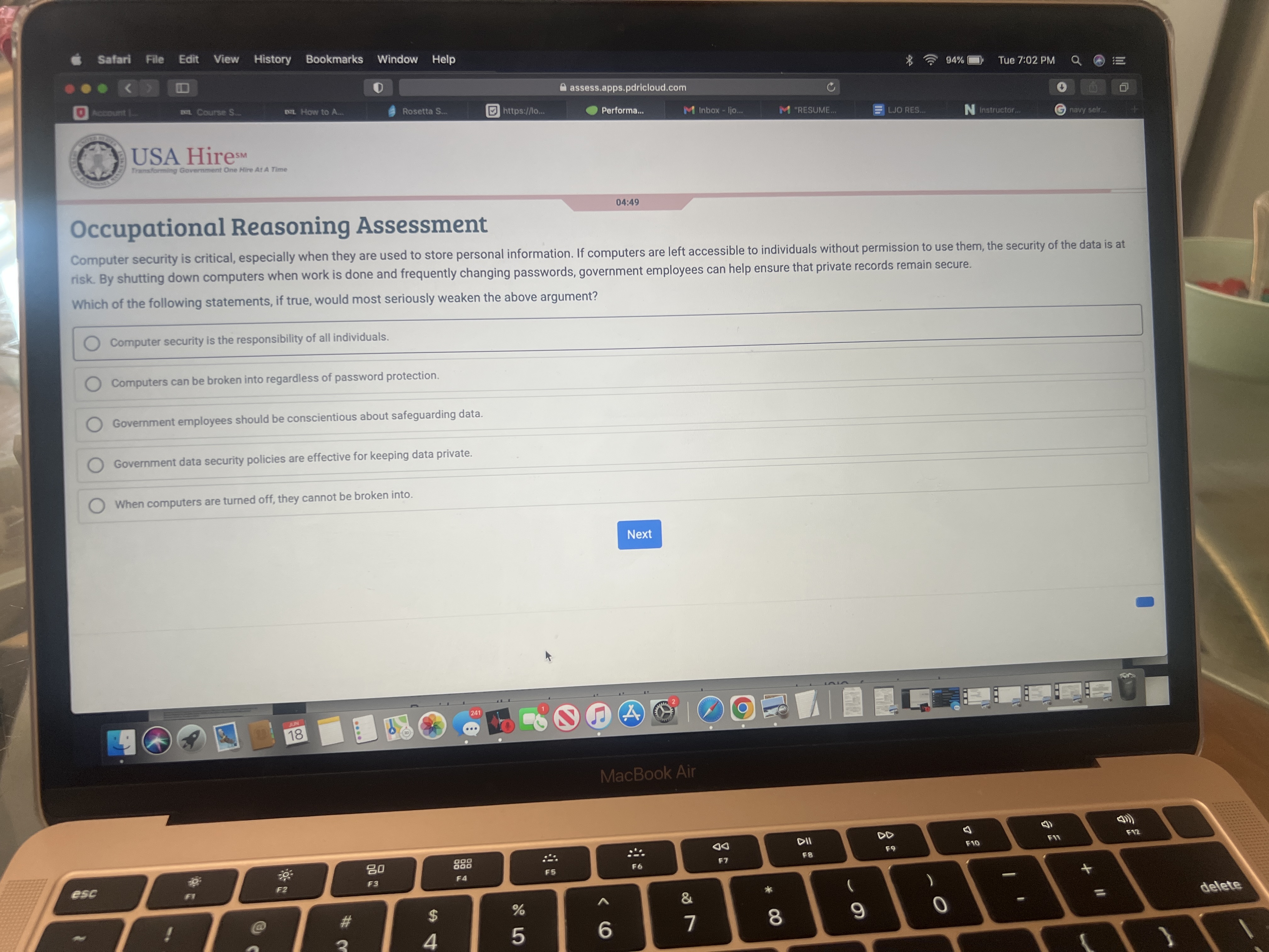  Occupational Reasoning Assessment risk. By shutting down computers when work is
