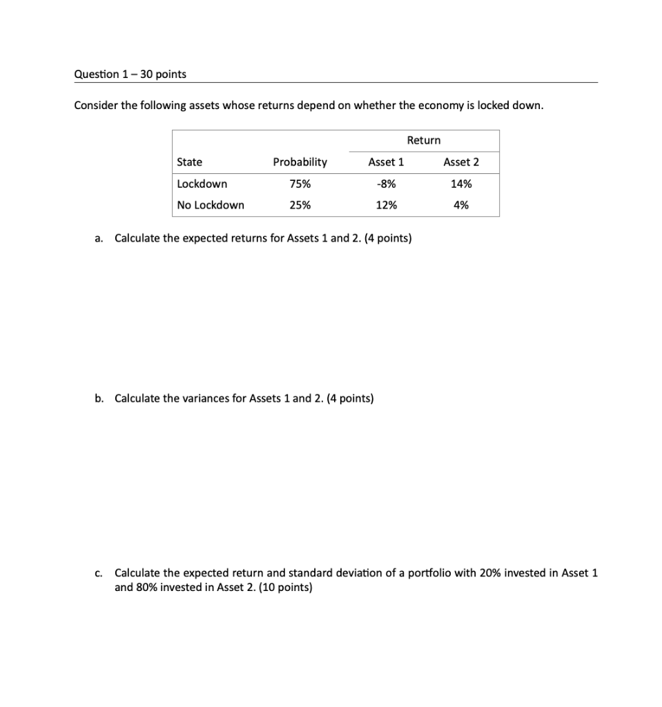 Question 1-30 points Consider the following assets whose returns depend on