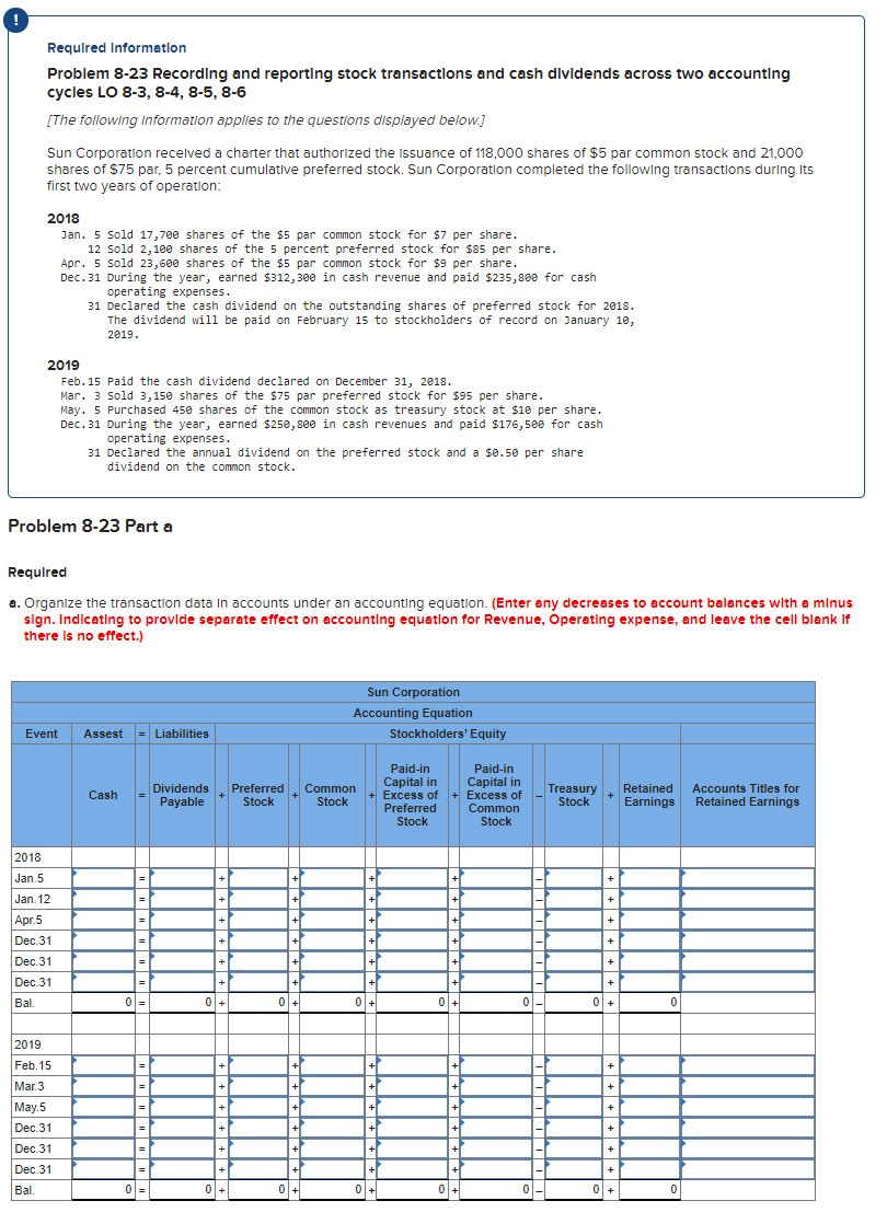 undefined Required Information Problem 8-23 Recording and reporting stock transactions and cash