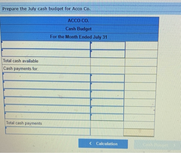 receipts and cash payments for the month and the cash balance expected