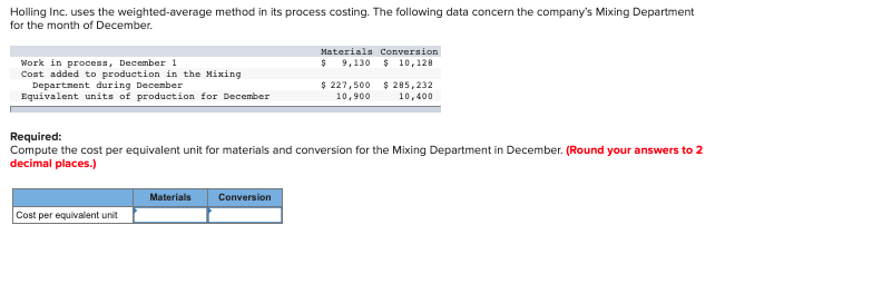 Holling Inc. uses the weighted average method in its process costing.