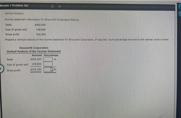  Module 7 Problem Set Vertical Avis Income statement information or insworth
