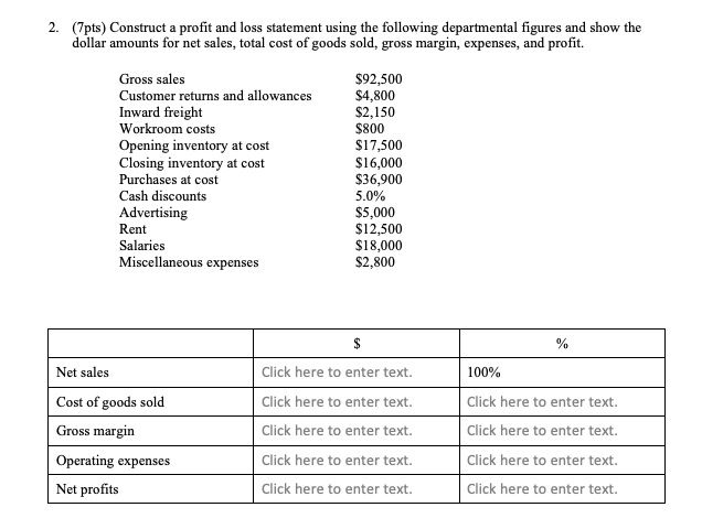  2. (7pts) Construct a profit and loss statement using the following