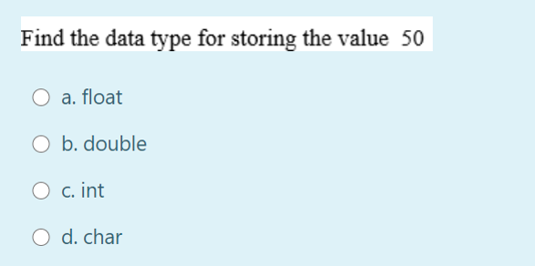 Find the data type for storing the value 50 O a.