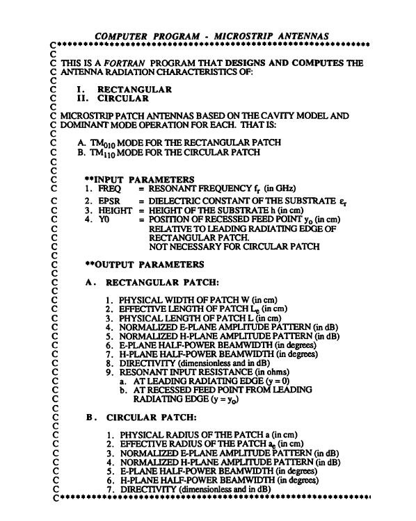 Write a Fortran code for rectangular microstrip antenna that works at 9.40