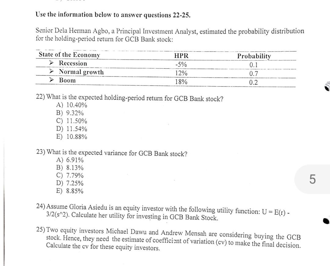 Please show work. No SPREADSHEET Use the information below to answer